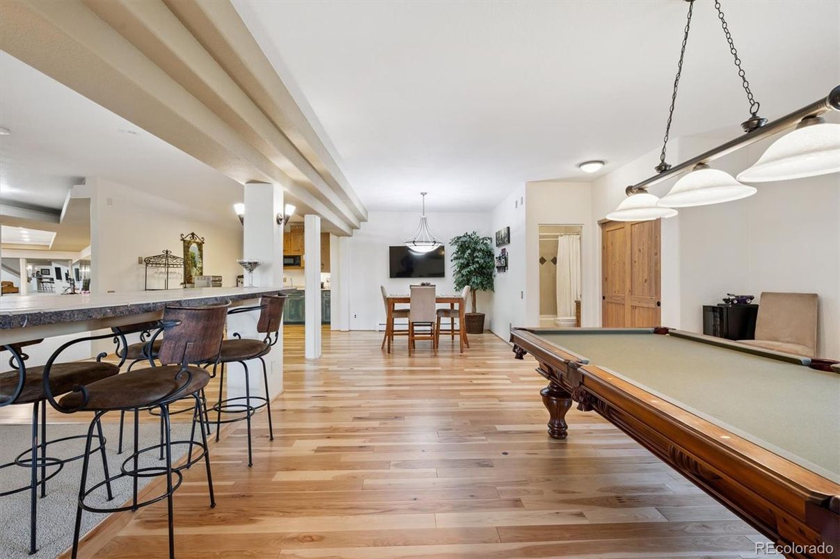 Billiard Table, Dining room, Game Room, Interior, Pendant Lights, Wood Texture Flooring