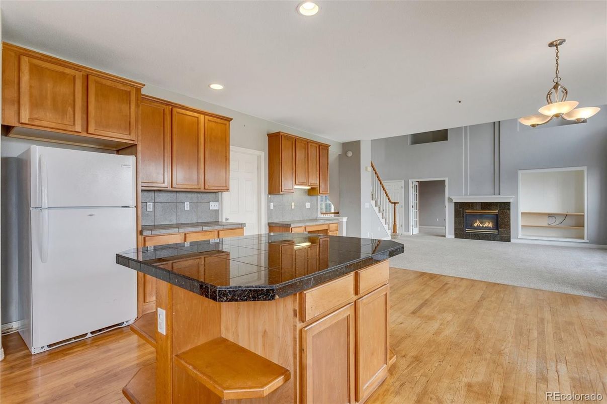 Fireplace, Interior, Kitchen, Pendant Lights, Recessed Lighting, Wood Texture Flooring