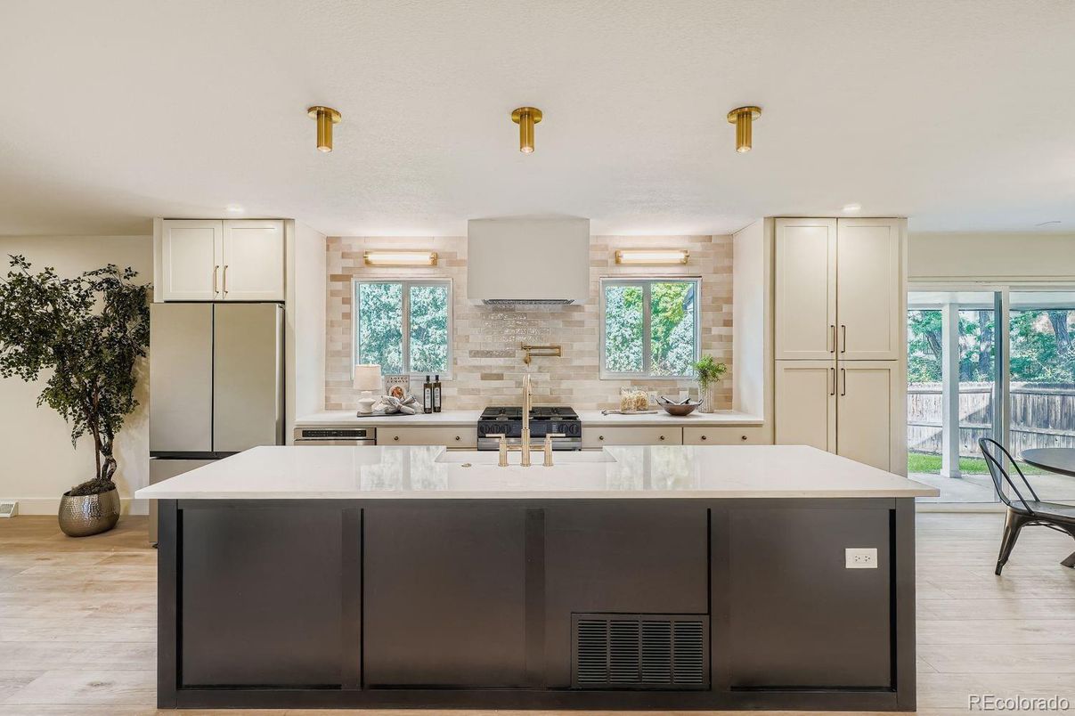 Interior, Kitchen, Recessed Lighting, Stone Walls, Wood Texture Flooring
