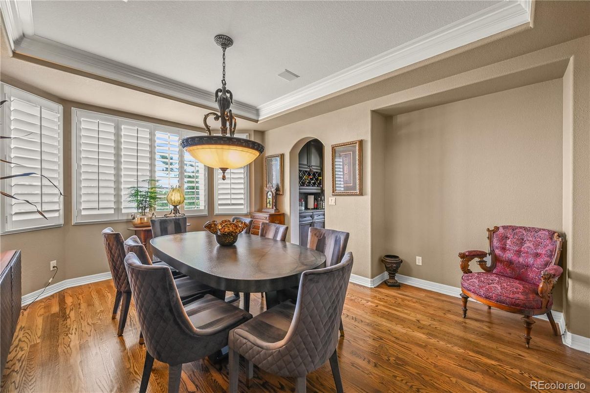 Dining room, Interior, Pendant Lights, Wood Texture Flooring