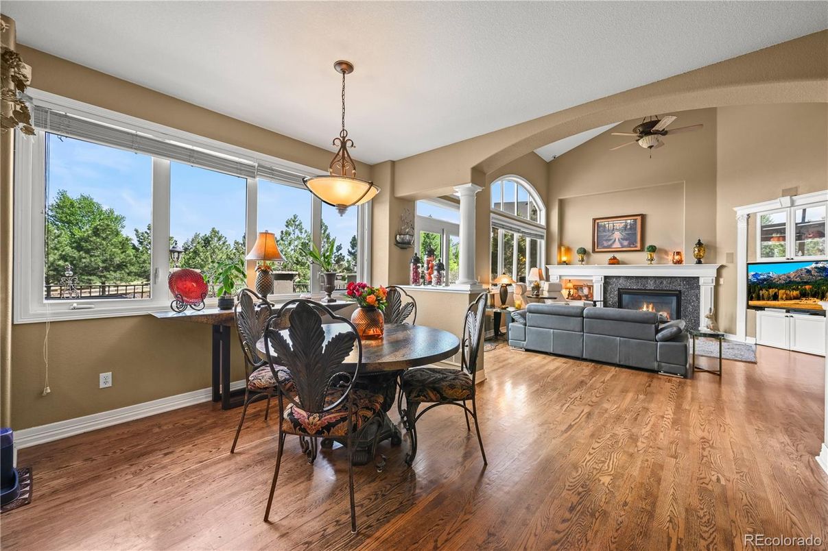 Dining room, Fireplace, Interior, Living room, Pendant Lights, Wood Texture Flooring