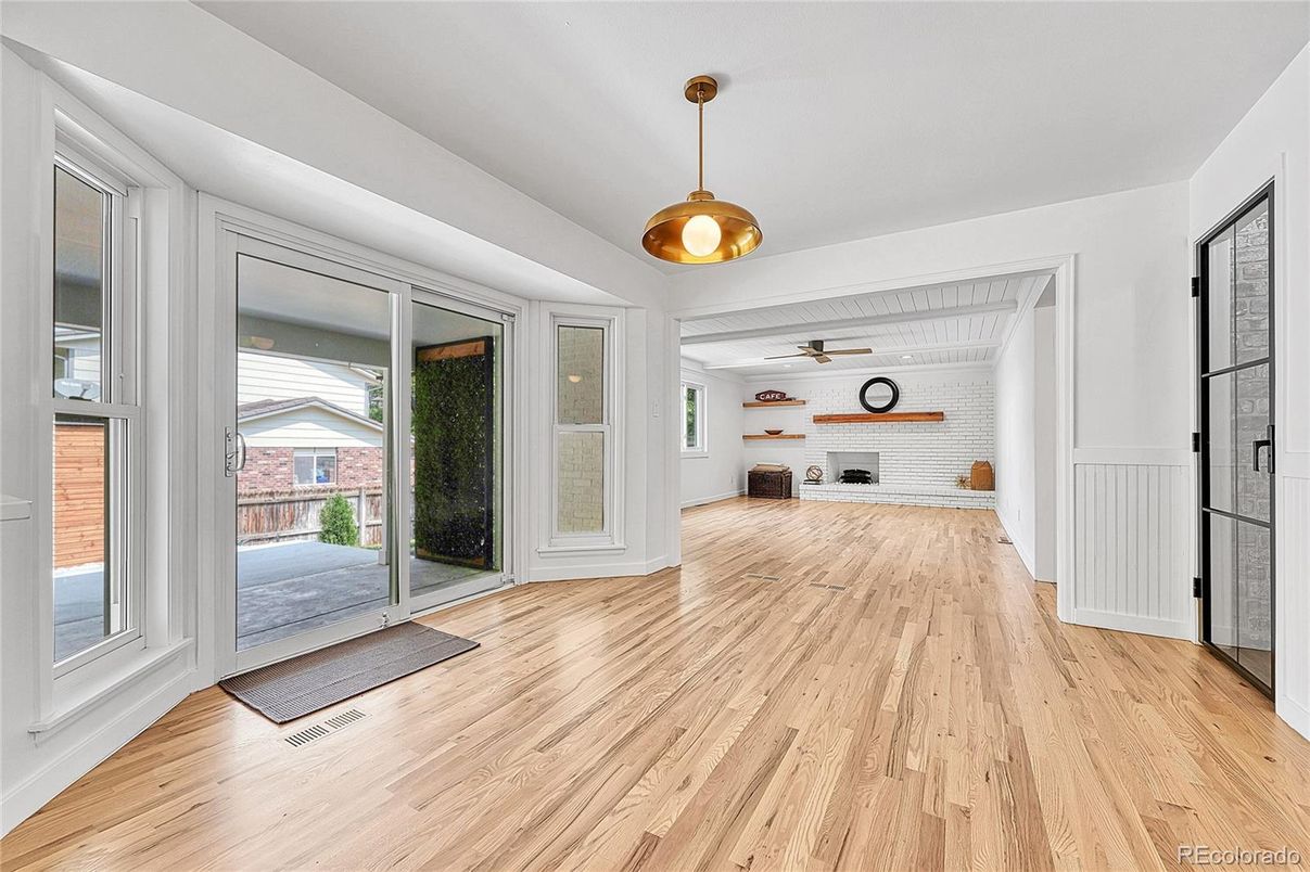 Fireplace, Interior, Pendant Lights, Wood Texture Flooring