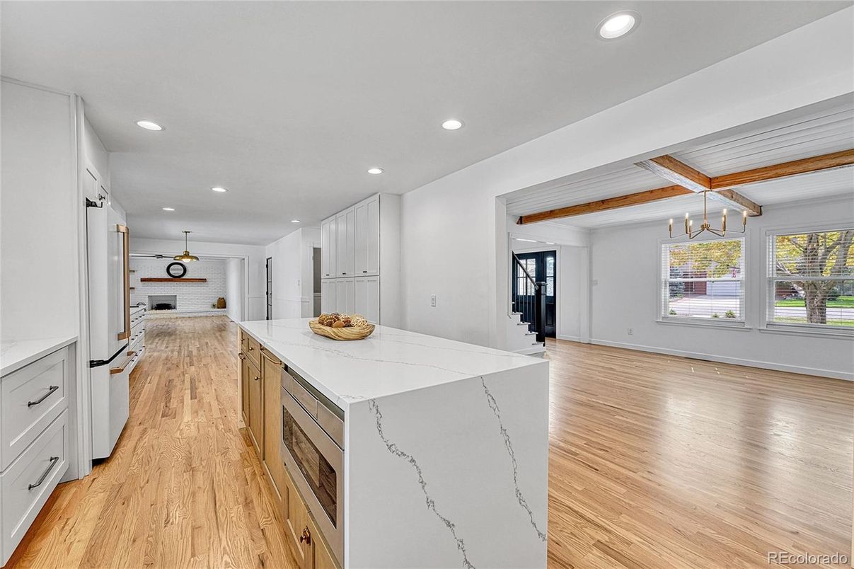 Interior, Kitchen, Pendant Lights, Recessed Lighting, Stone Walls, Wooden Beams, Wood Texture Flooring