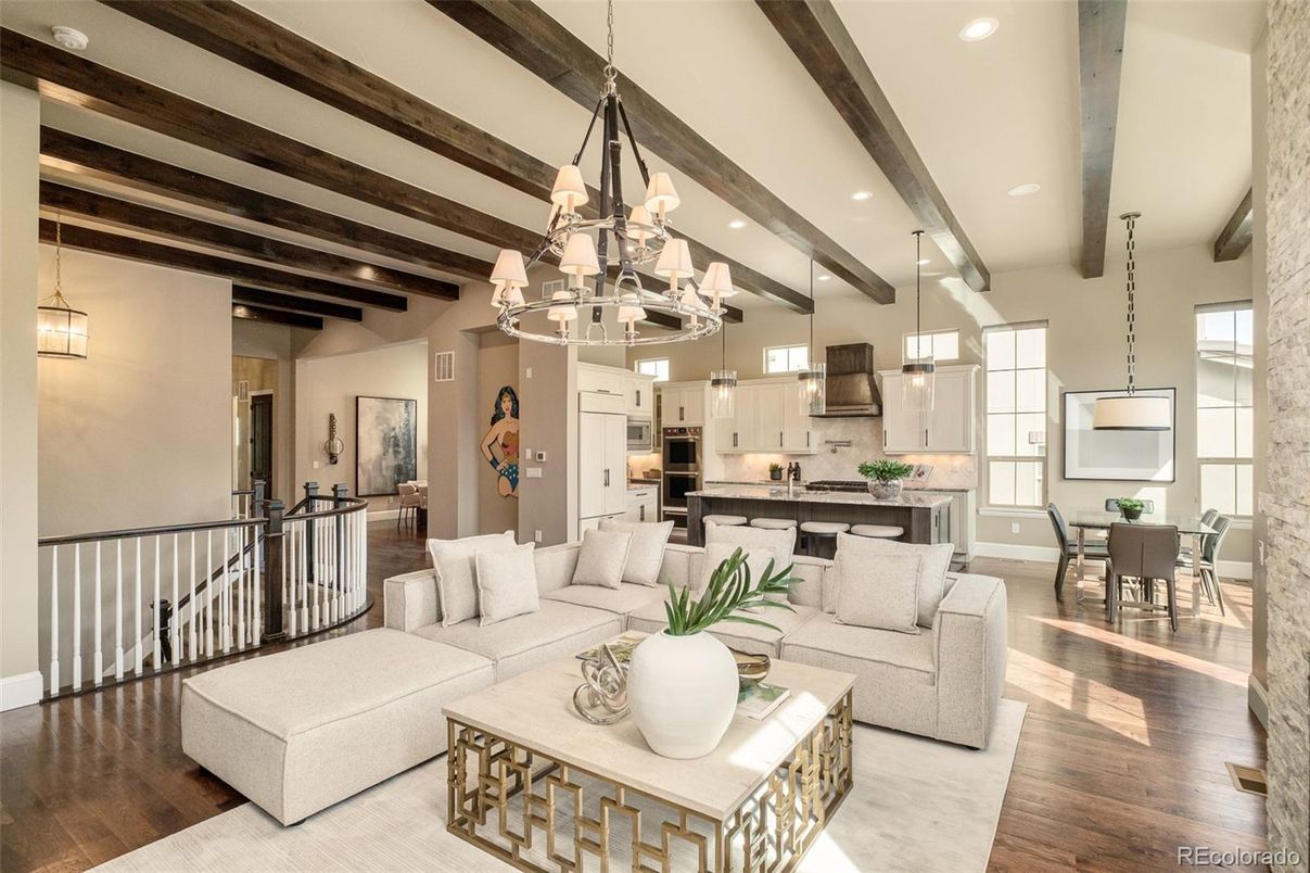 Chandelier, Dining room, Interior, Kitchen, Living room, Pendant Lights, Recessed Lighting, Stainless Steel Appliances, Wooden Beams, Wood Texture Flooring