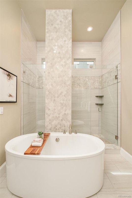 Bathroom, Free Standing Baths, Glass Shower, Interior, Recessed Lighting