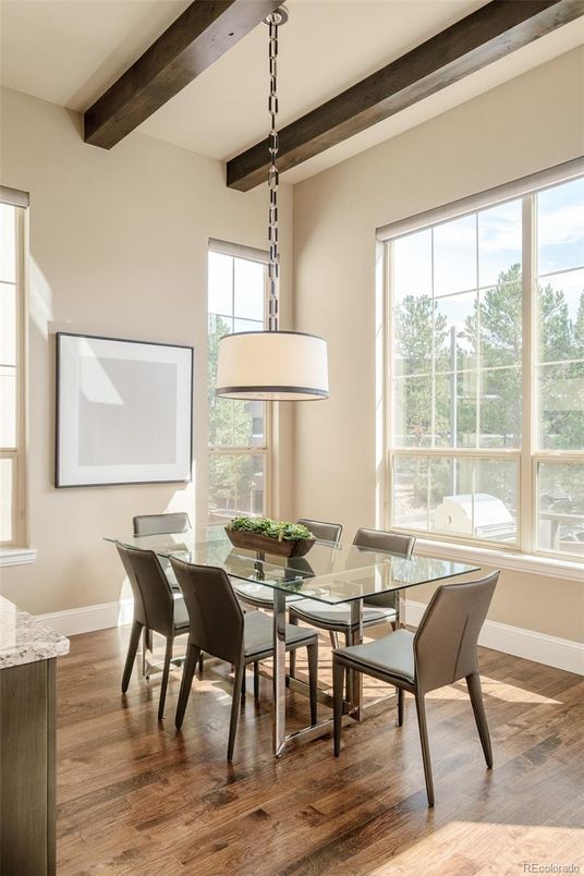 Dining room, Interior, Pendant Lights, Wooden Beams, Wood Texture Flooring