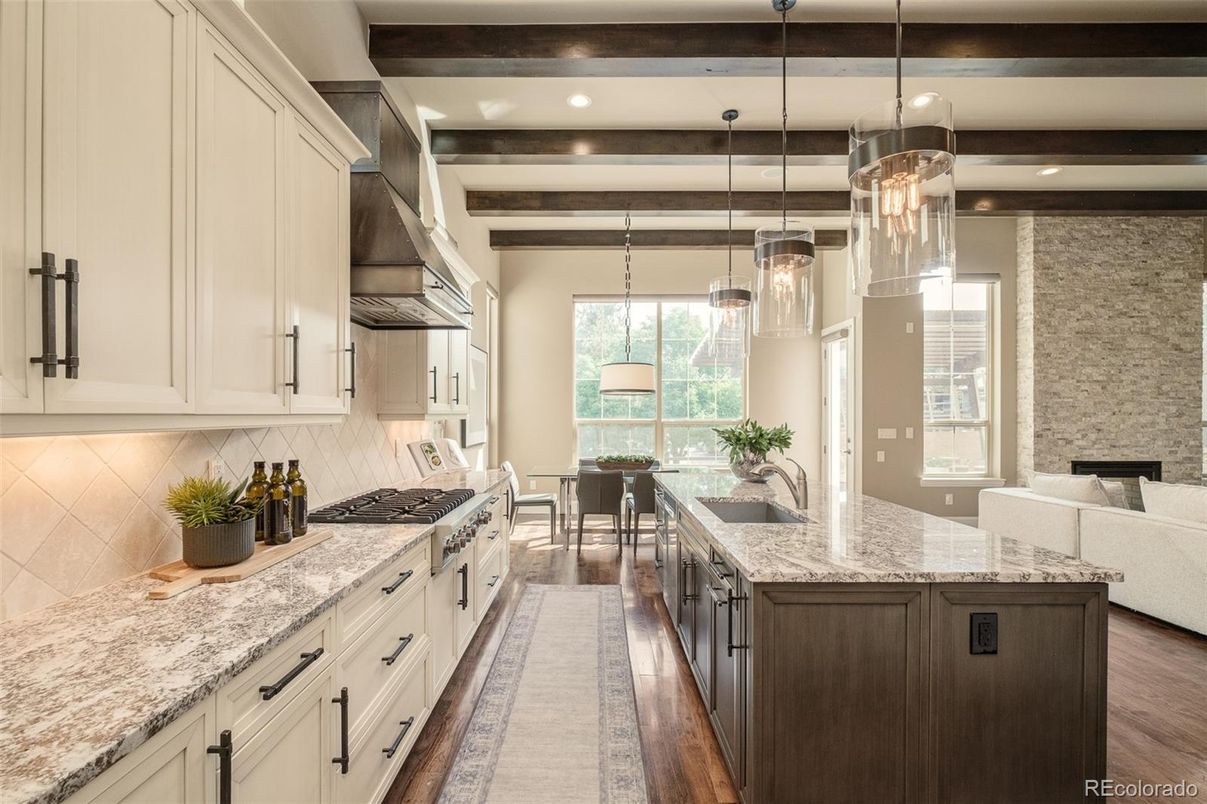 Dining room, Interior, Kitchen, Pendant Lights, Recessed Lighting, Stainless Steel Appliances, Wooden Beams, Wood Texture Flooring