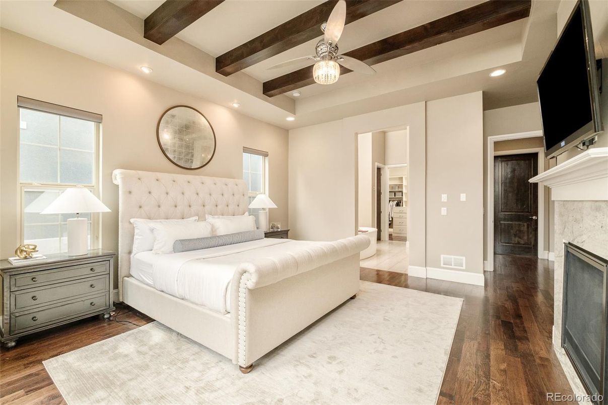 Bedroom, Fireplace, Interior, Recessed Lighting, Wooden Beams, Wood Texture Flooring