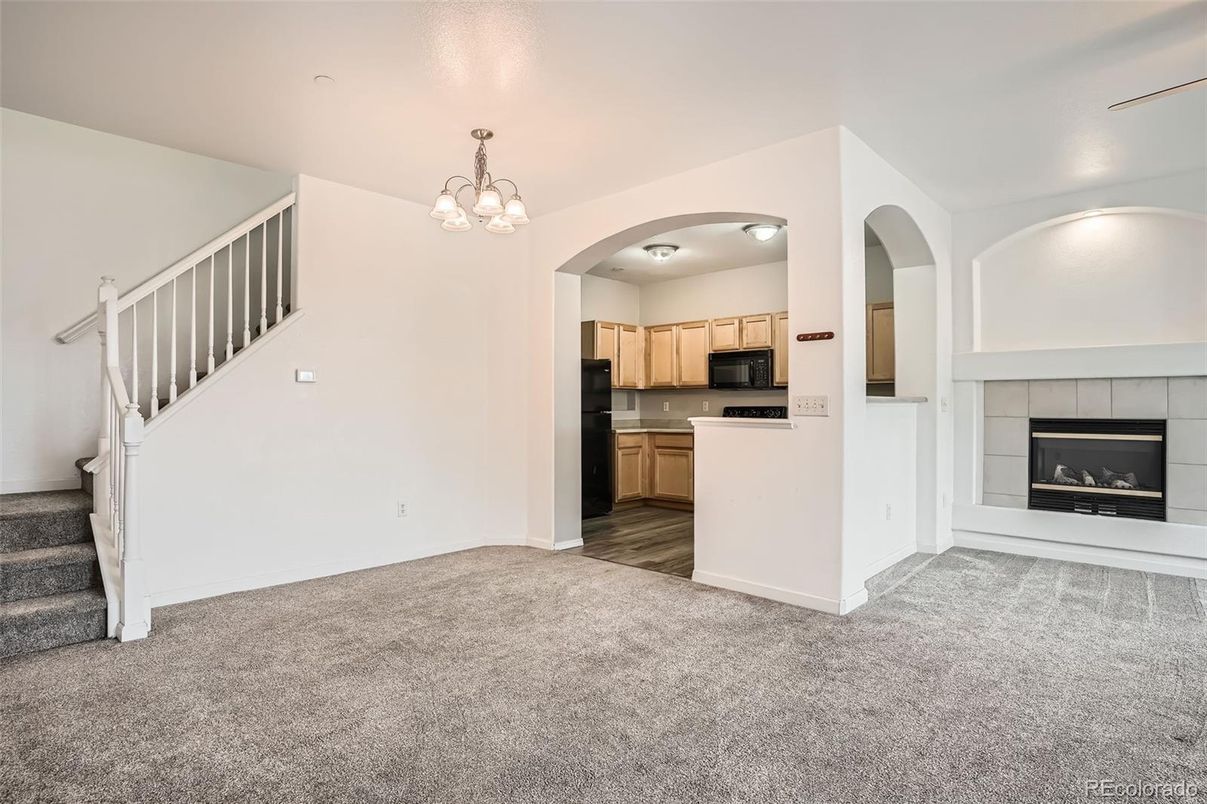 Chandelier, Empty room, Fireplace, Interior, Kitchen