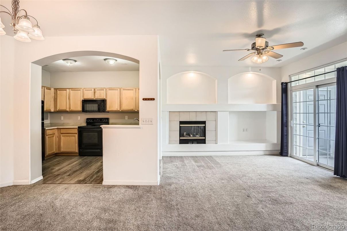 Empty room, Fireplace, Interior, Kitchen, Wood Texture Flooring