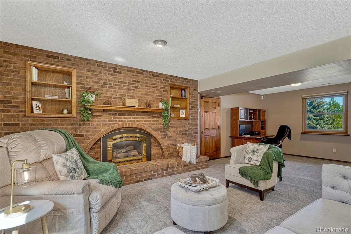 Fireplace, Interior, Living room, Recessed Lighting, Stone Walls
