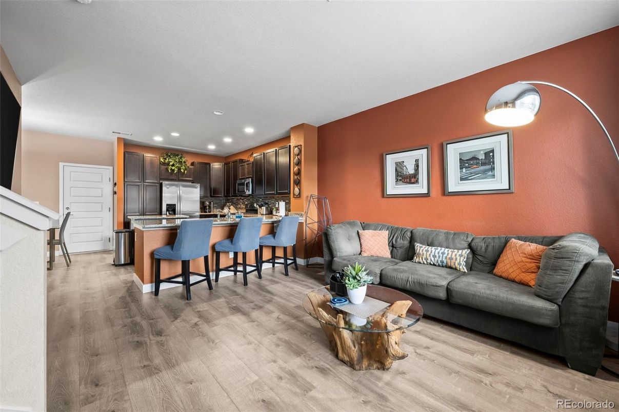 Interior, Kitchen, Living room, Recessed Lighting, Stainless Steel Appliances, Wood Texture Flooring