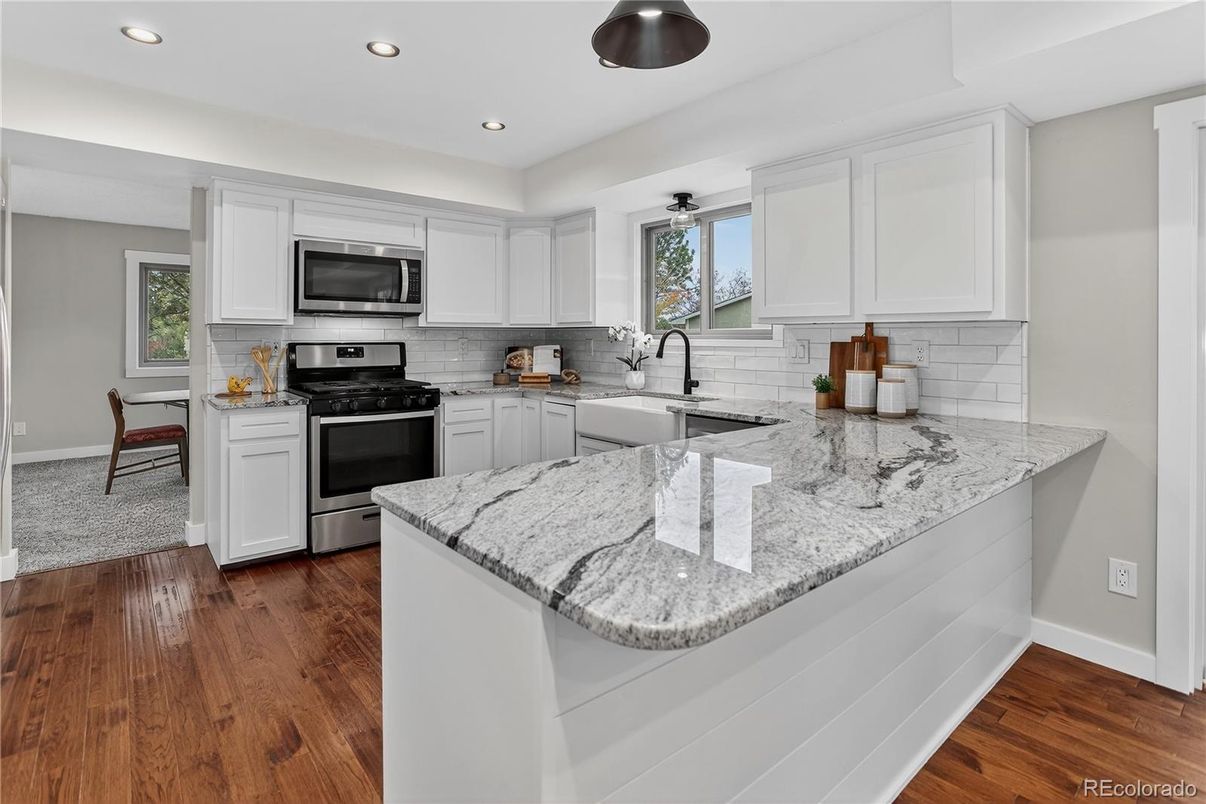Interior, Kitchen, Recessed Lighting, Stainless Steel Appliances, Wood Texture Flooring