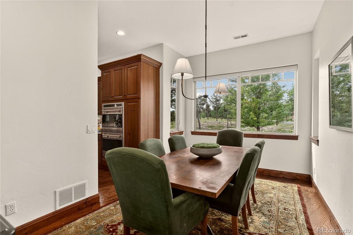 Dining room, Interior, Pendant Lights, Recessed Lighting, Wood Texture Flooring