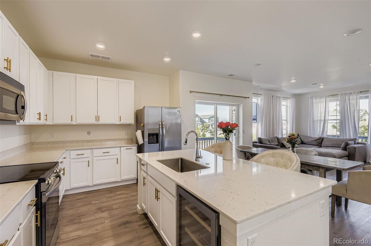 Interior, Kitchen, Living room, Recessed Lighting, Stainless Steel Appliances, Wood Texture Flooring