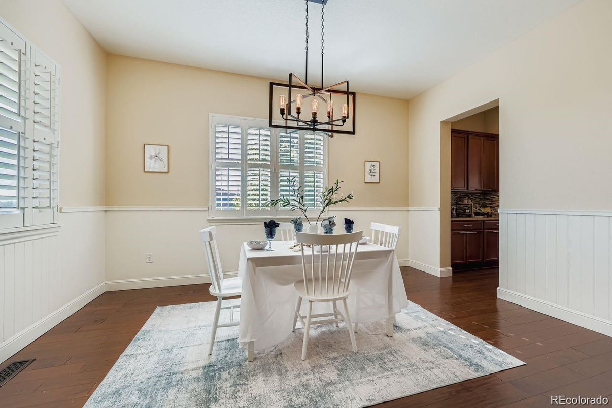 Dining room, Interior, Pendant Lights, Wood Texture Flooring