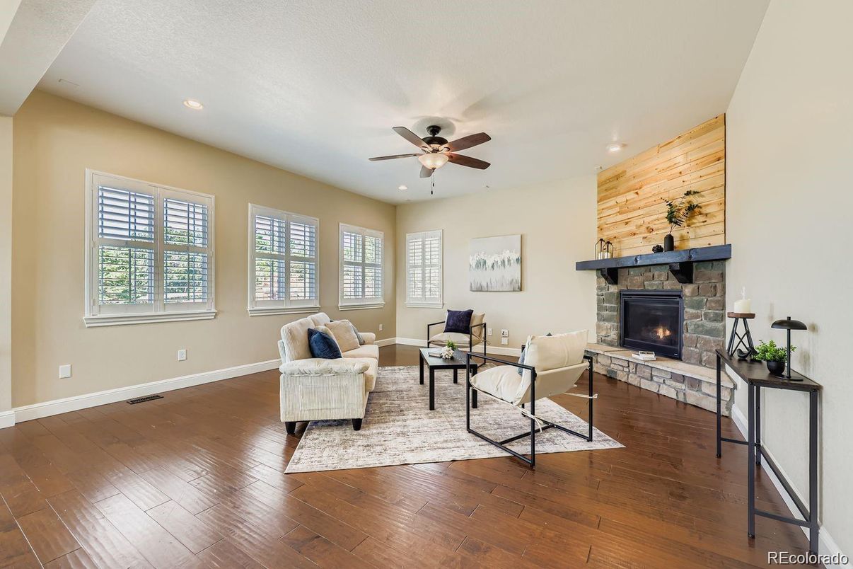 Fireplace, Interior, Living room, Recessed Lighting, Wood Texture Flooring, Wooden Walls