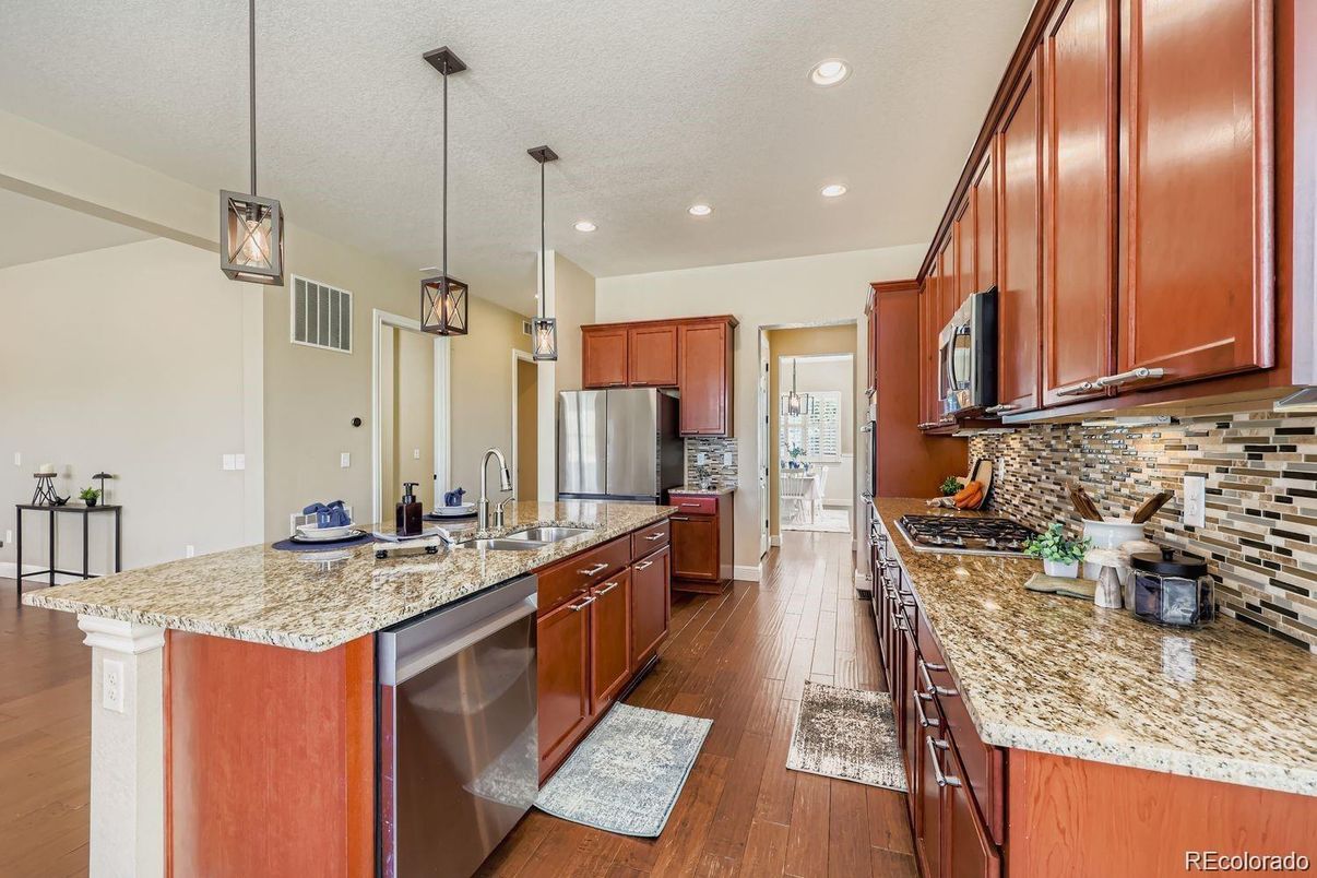 Interior, Kitchen, Pendant Lights, Recessed Lighting, Stainless Steel Appliances, Wood Texture Flooring