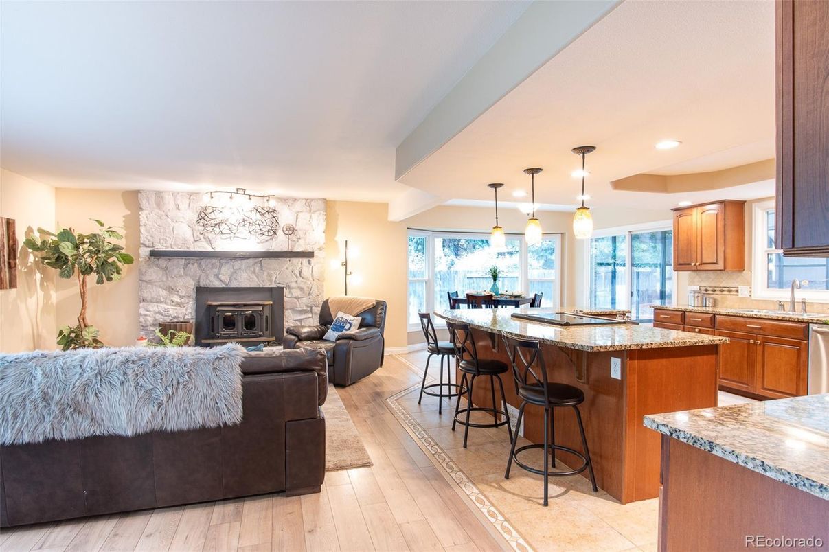 Dining room, Fireplace, Interior, Kitchen, Living room, Pendant Lights, Recessed Lighting, Wood Texture Flooring