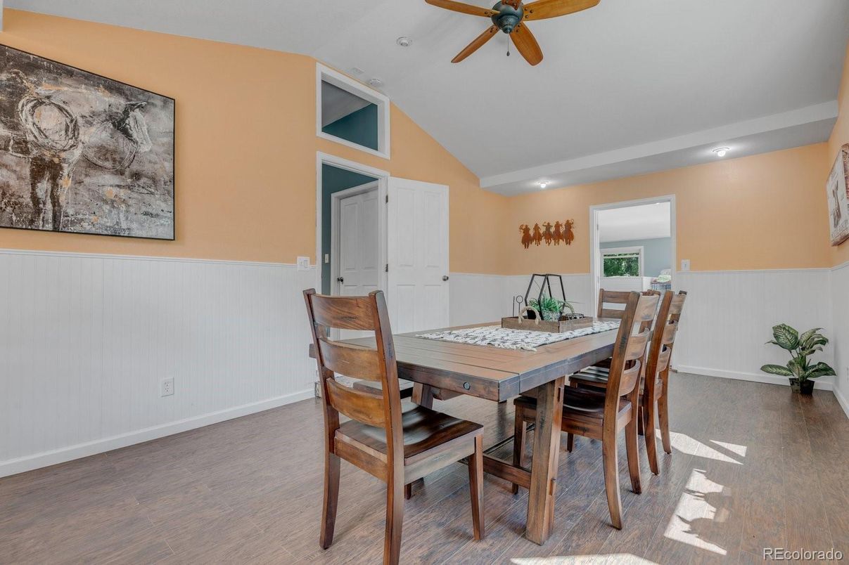 Dining room, Interior, Recessed Lighting, Wood Texture Flooring