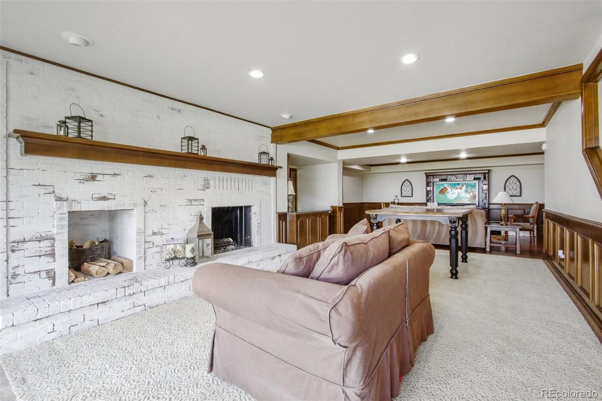 Dining room, Fireplace, Interior, Living room, Recessed Lighting, Stone Walls, Wooden Beams