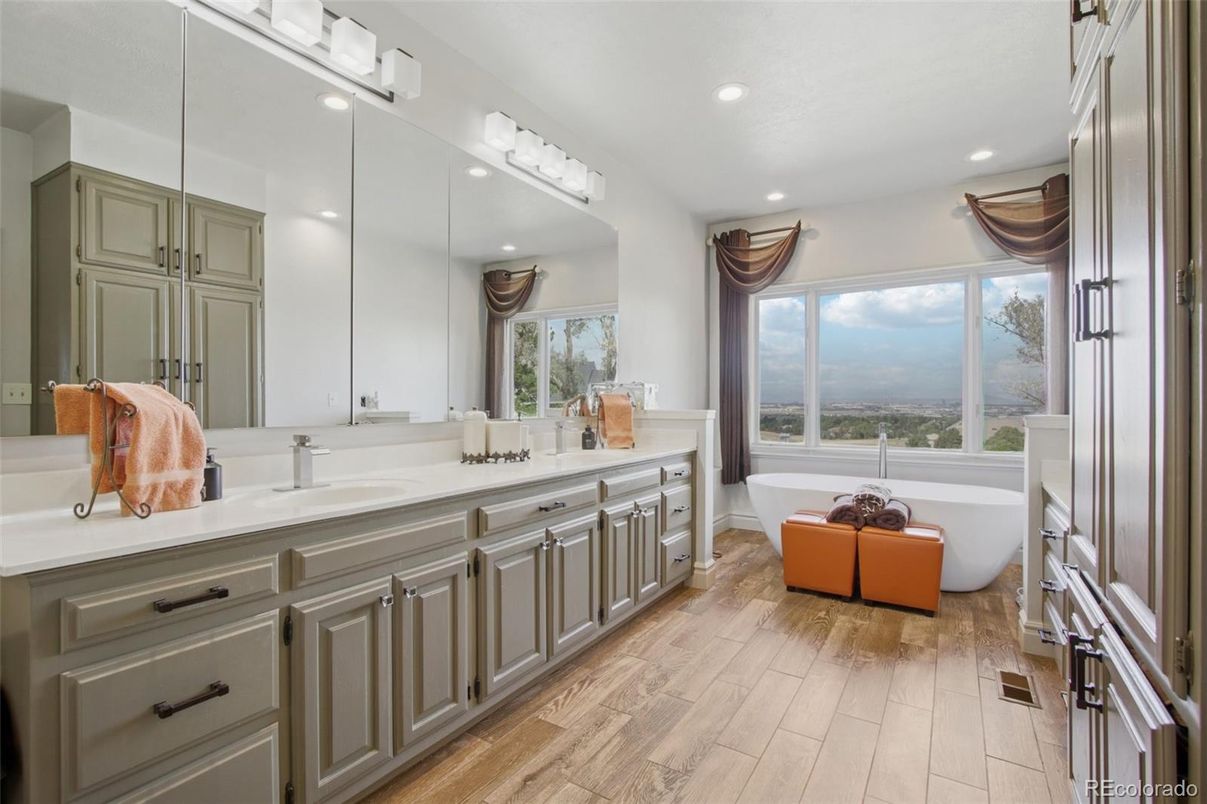 Bathroom, Dual Sink Vanities, Free Standing Baths, Interior, Recessed Lighting, Wood Texture Flooring
