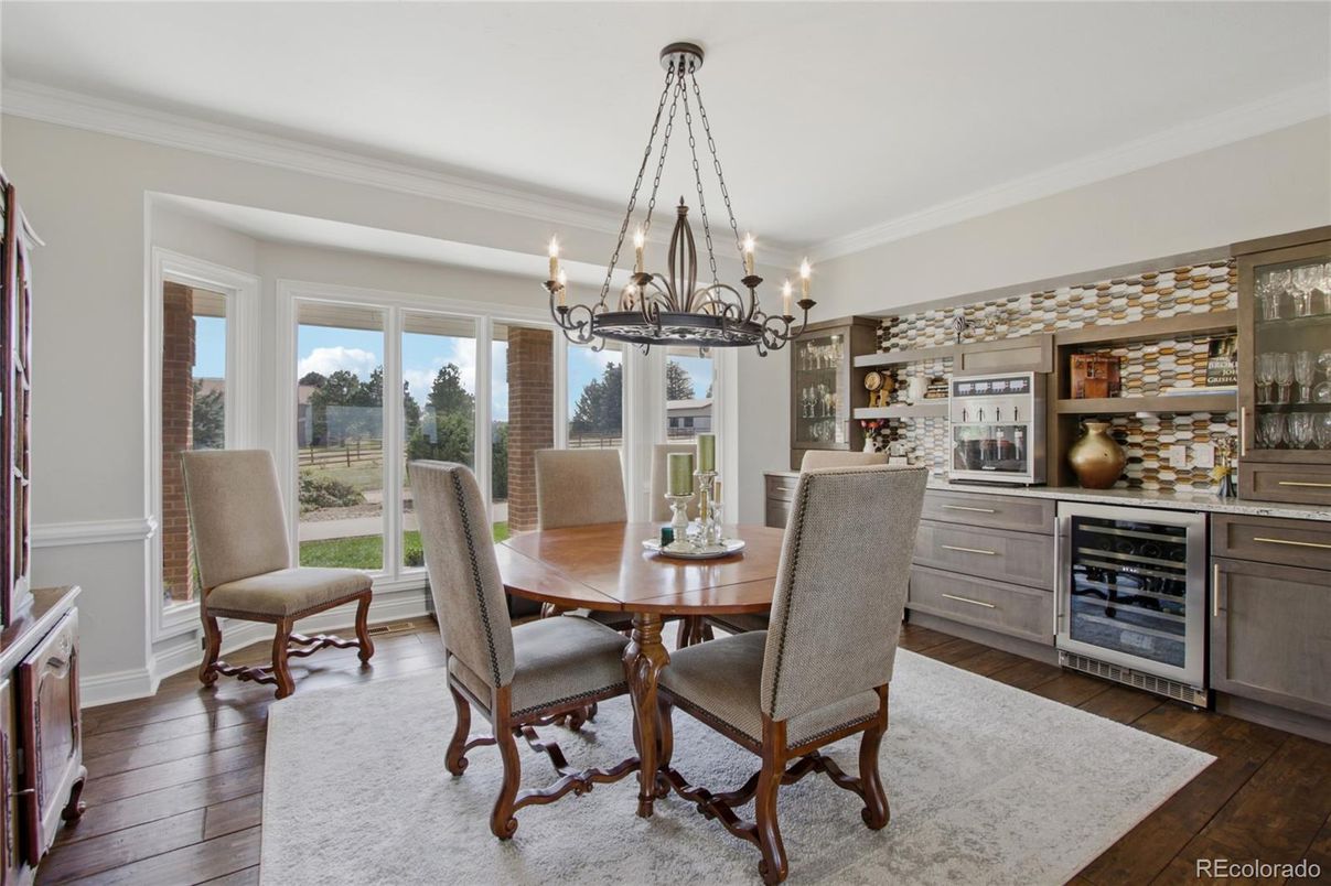 Chandelier, Dining room, Interior, Pendant Lights, Wood Texture Flooring