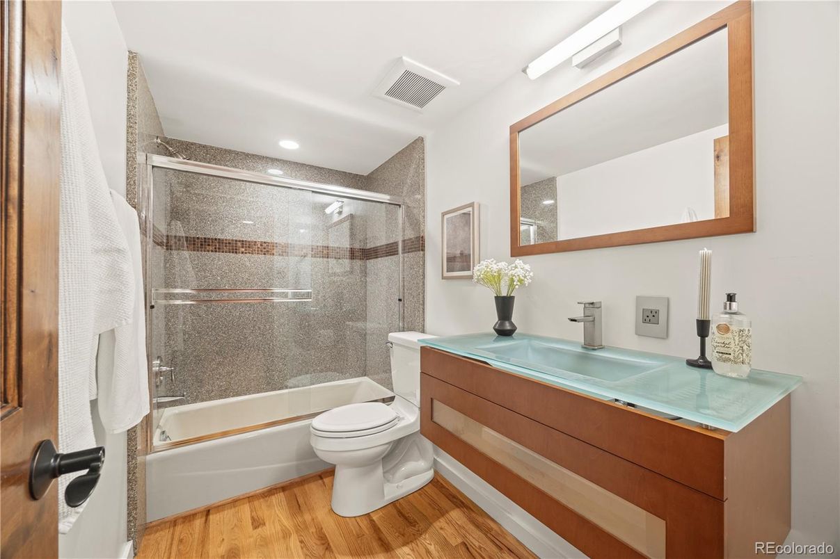 Bathroom, Glass Shower, Interior, Recessed Lighting, Wood Texture Flooring