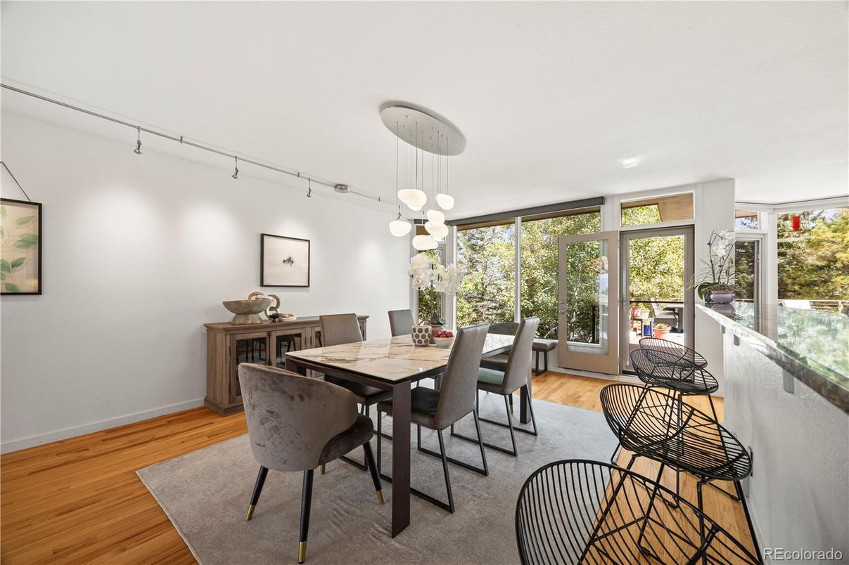 Dining room, Interior, Pendant Lights, Wood Texture Flooring