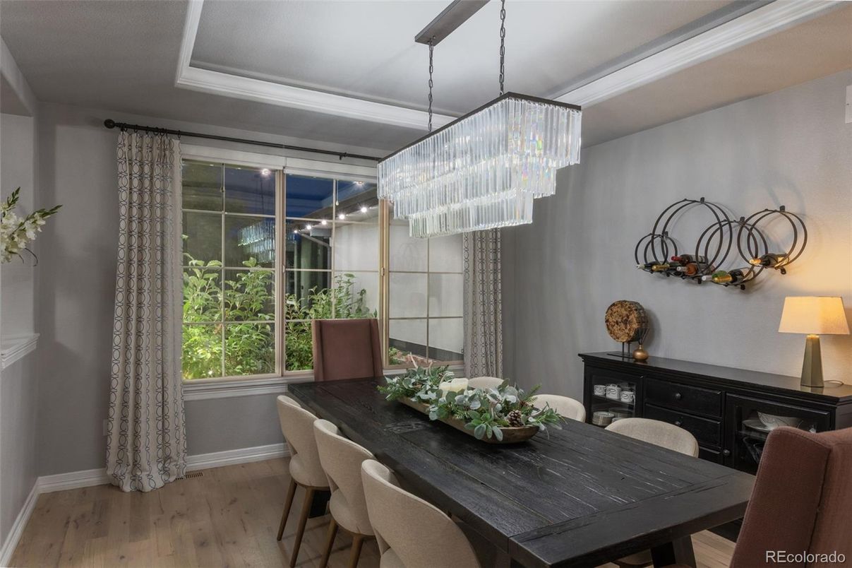 Chandelier, Dining room, Interior, Wood Texture Flooring