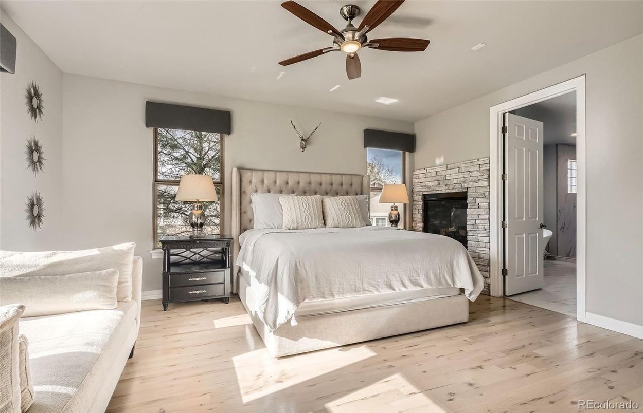 Bedroom, Fireplace, Interior, Wood Texture Flooring