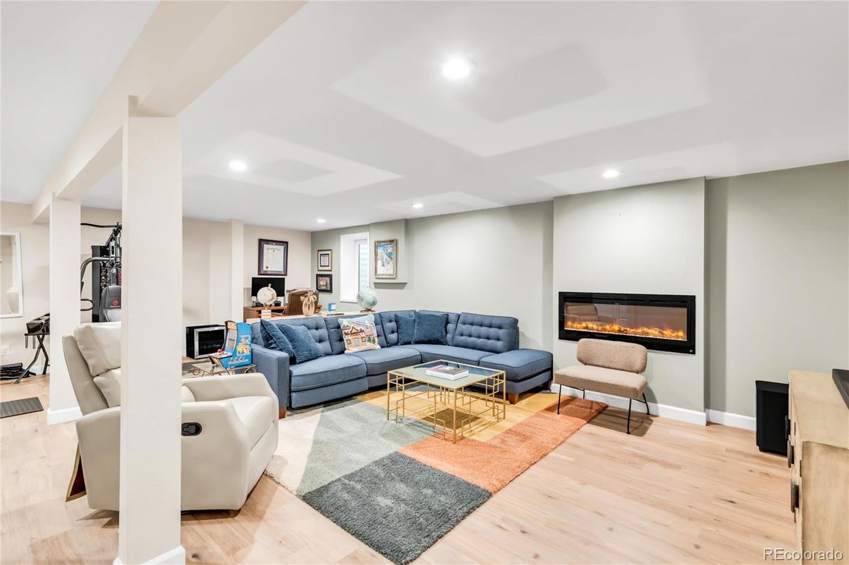 Fireplace, Interior, Living room, Recessed Lighting, Wood Texture Flooring