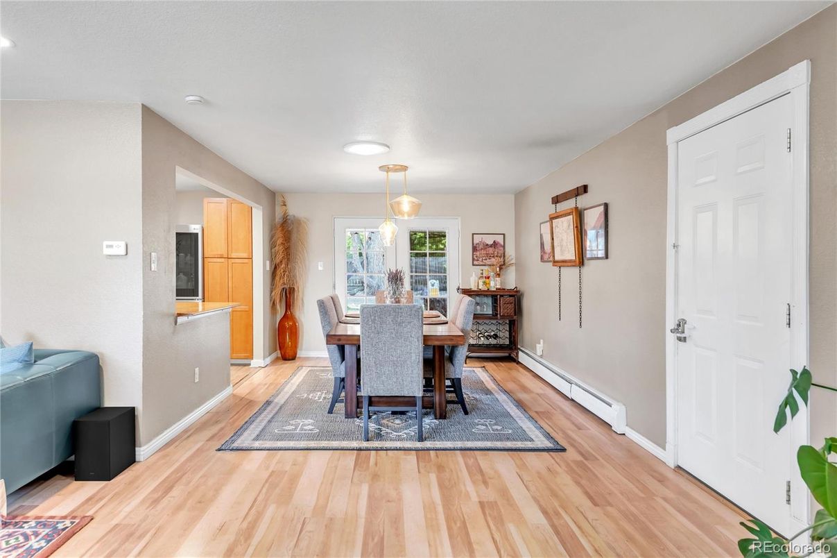 Dining room, Interior, Recessed Lighting, Wood Texture Flooring