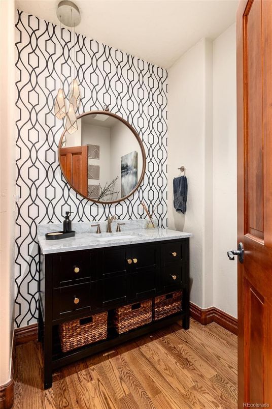Bathroom, Dual Sink Vanities, Interior, Pendant Lights, Wood Texture Flooring