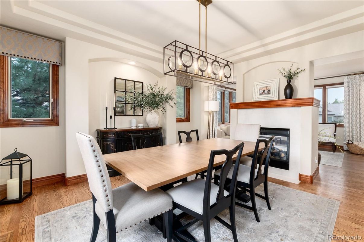 Dining room, Fireplace, Interior, Pendant Lights, Wood Texture Flooring