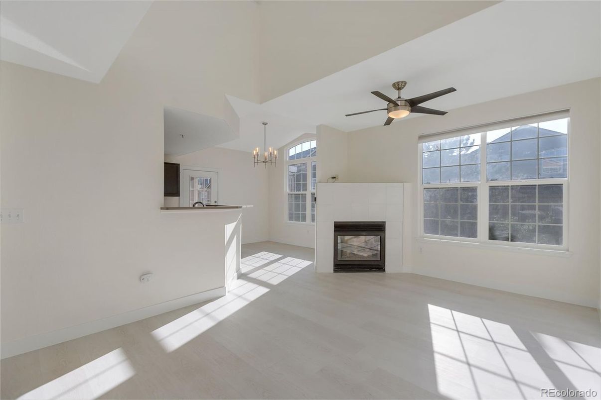 Chandelier, Empty room, Fireplace, Interior, Wood Texture Flooring