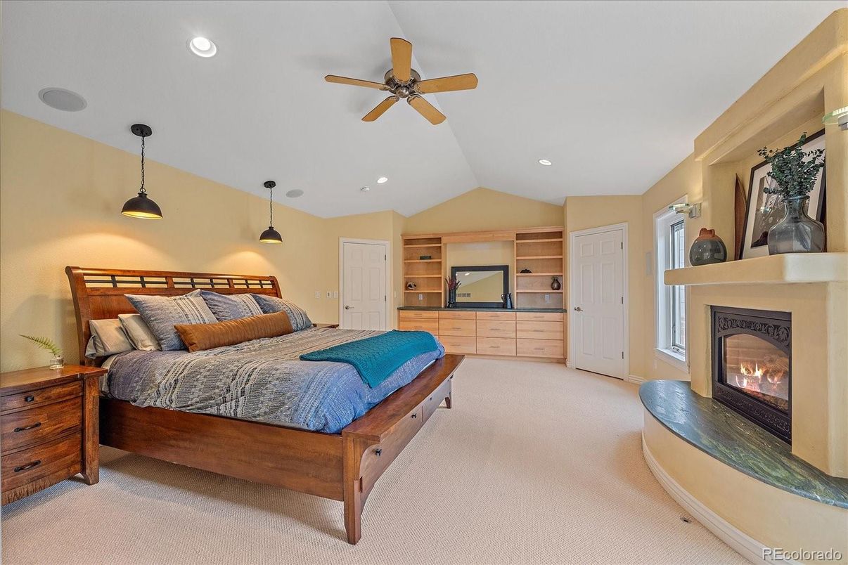 Bedroom, Fireplace, Interior, Pendant Lights, Recessed Lighting