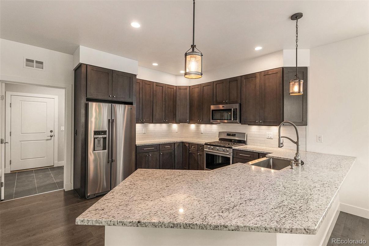 Interior, Kitchen, Pendant Lights, Recessed Lighting, Stainless Steel Appliances, Wood Texture Flooring