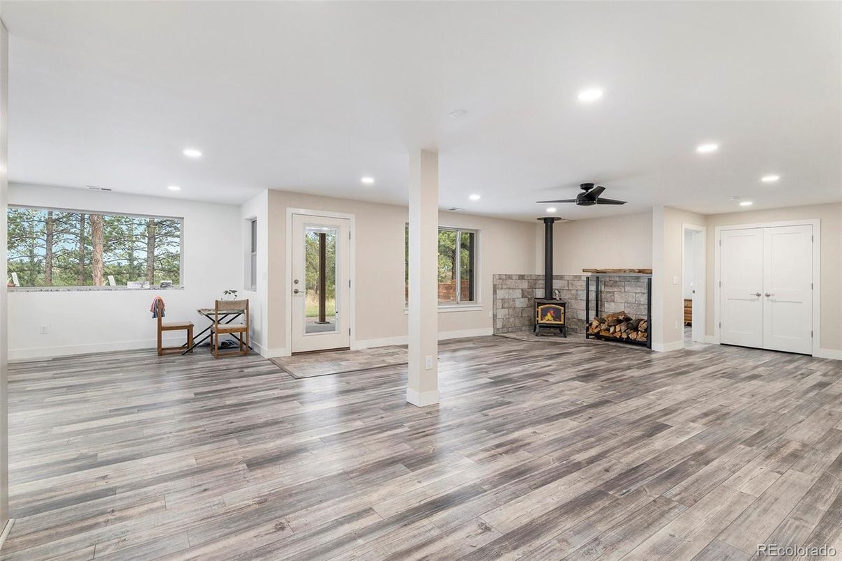 Empty room, Fireplace, Interior, Recessed Lighting, Wood Texture Flooring