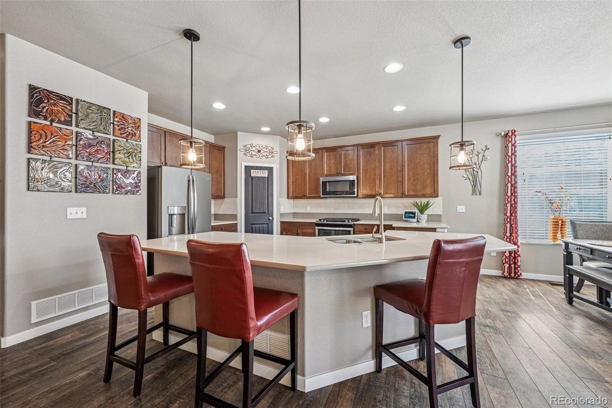 Interior, Kitchen, Pendant Lights, Recessed Lighting, Stainless Steel Appliances, Wood Texture Flooring