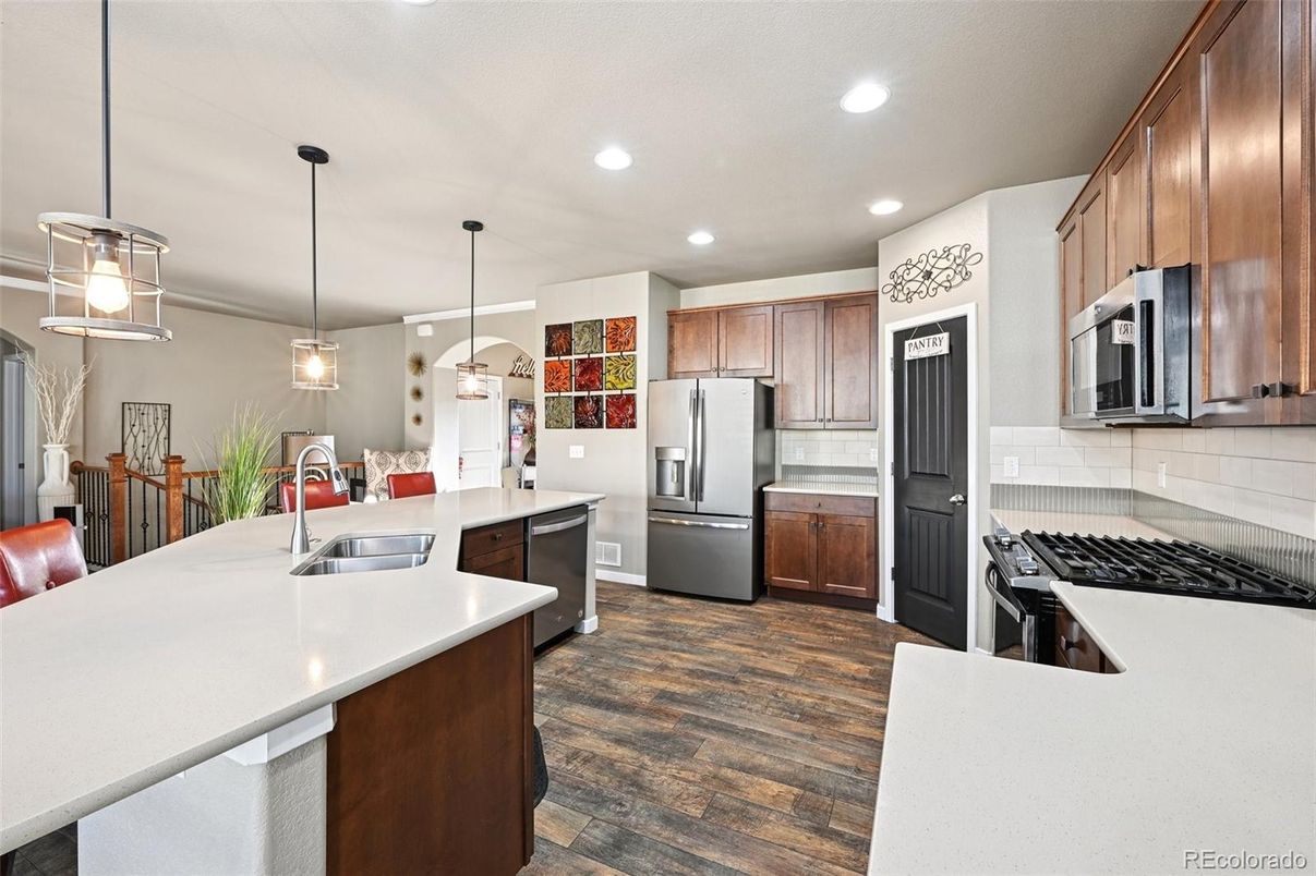 Interior, Kitchen, Pendant Lights, Recessed Lighting, Stainless Steel Appliances, Wood Texture Flooring