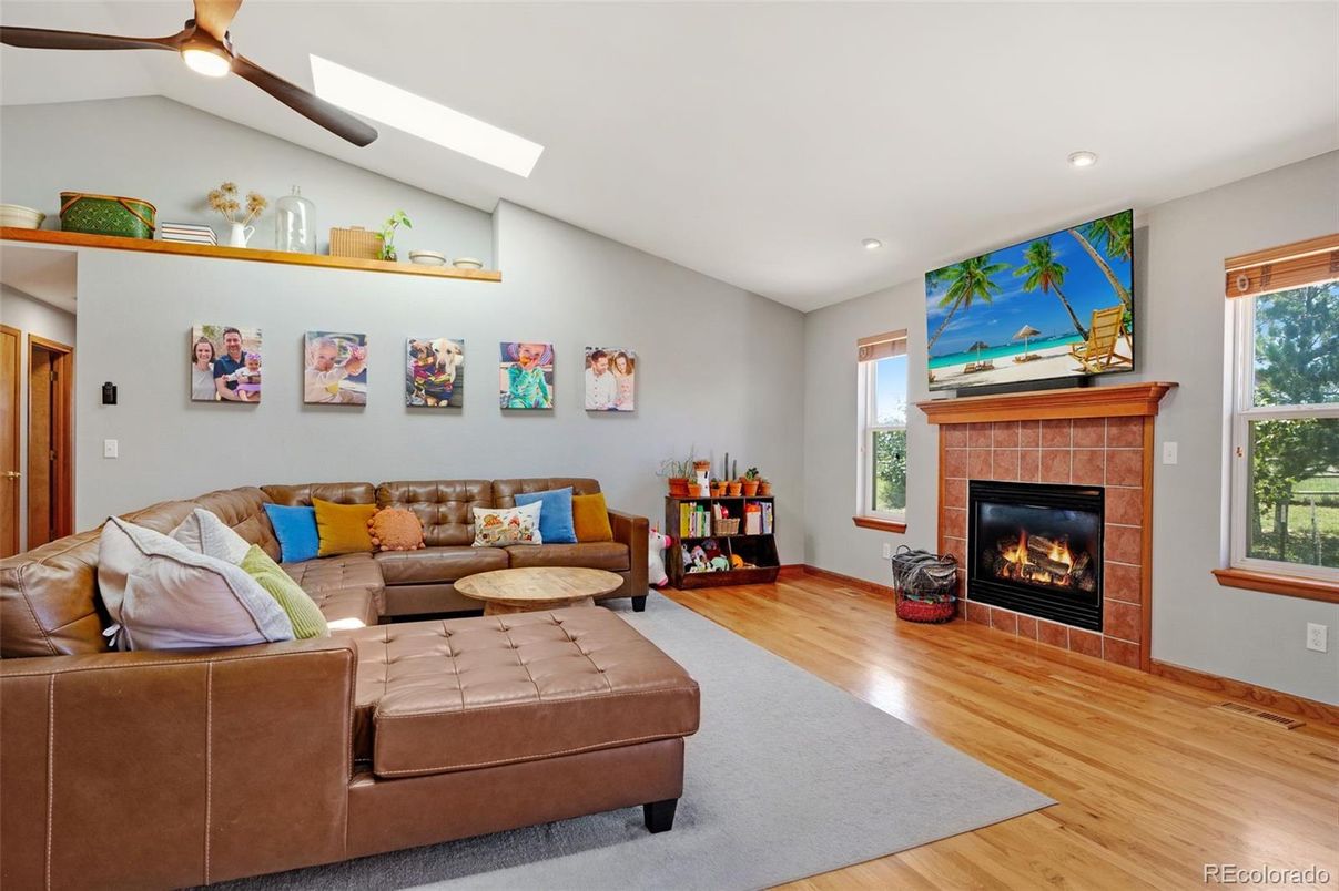 Fireplace, Interior, Living room, Recessed Lighting, Wood Texture Flooring