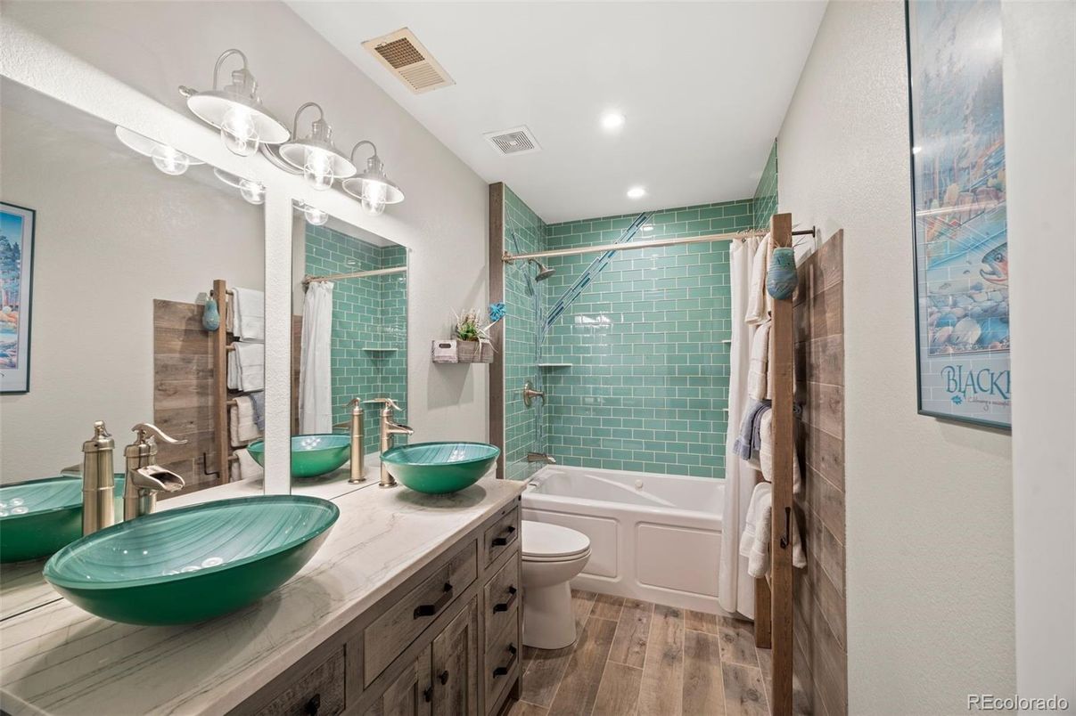 Bathroom, Dual Sink Vanities, Glass Shower, Interior, Recessed Lighting, Wood Texture Flooring