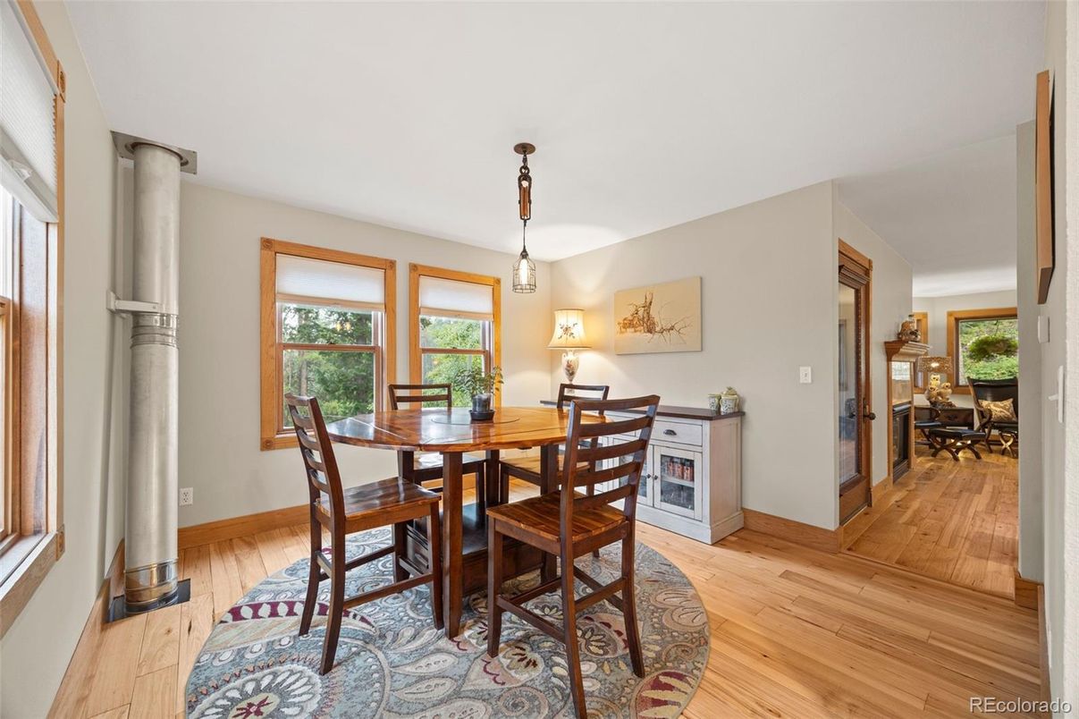Dining room, Interior, Pendant Lights, Wood Texture Flooring