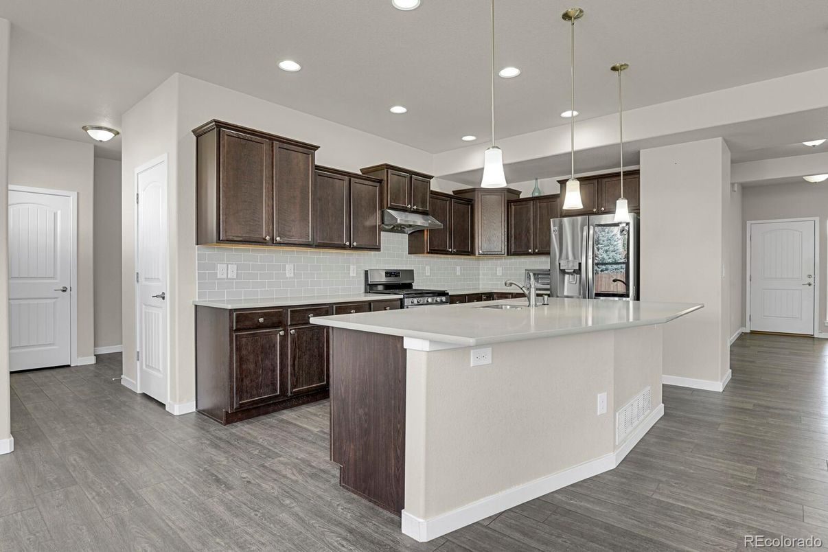 Interior, Kitchen, Pendant Lights, Recessed Lighting, Stainless Steel Appliances, Wood Texture Flooring