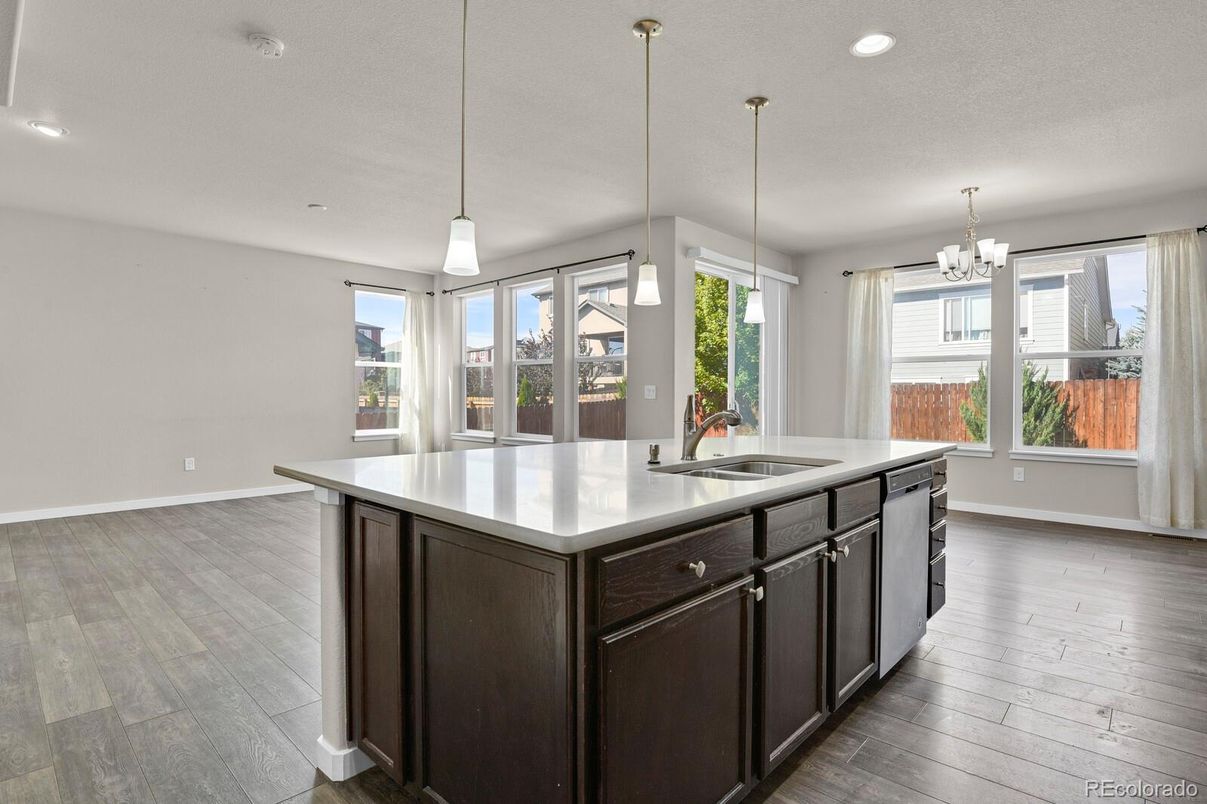 Chandelier, Interior, Kitchen, Pendant Lights, Recessed Lighting, Wood Texture Flooring