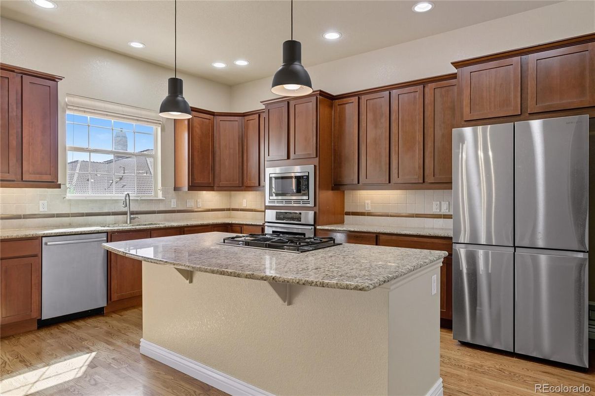 Interior, Kitchen, Pendant Lights, Recessed Lighting, Stainless Steel Appliances, Wood Texture Flooring