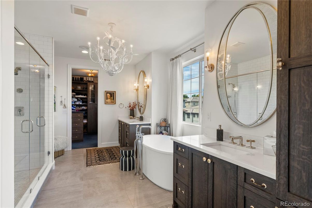 Bathroom, Chandelier, Dual Sink Vanities, Glass Shower, Interior, Walk-in Closets