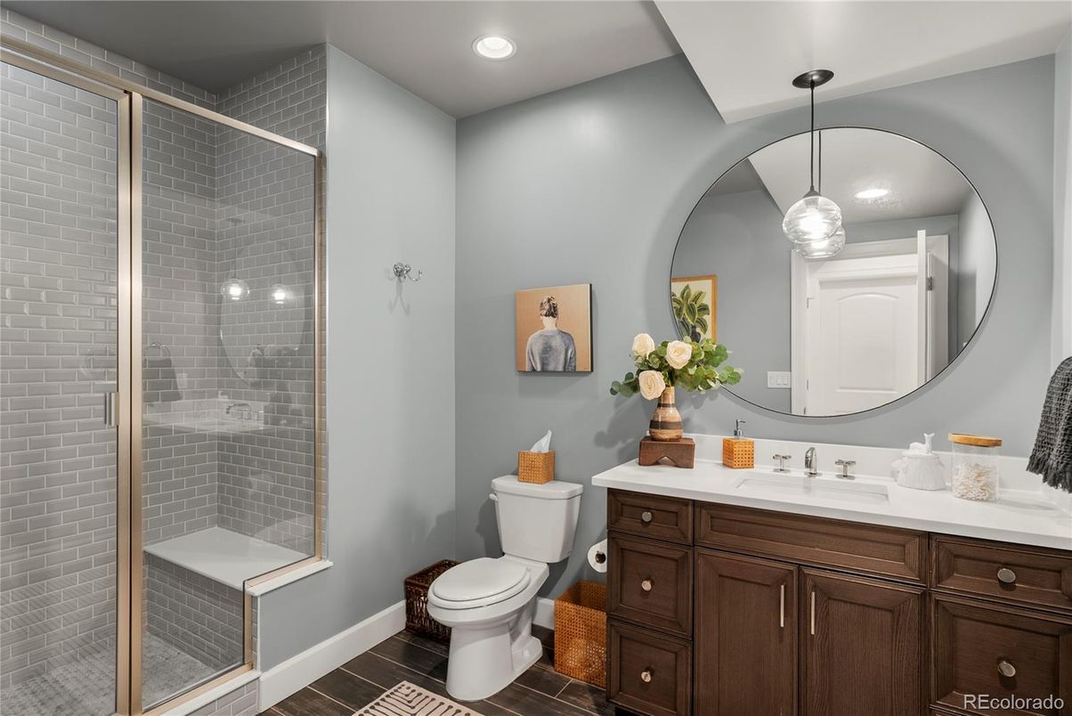 Bathroom, Glass Shower, Interior, Pendant Lights, Recessed Lighting, Wood Texture Flooring