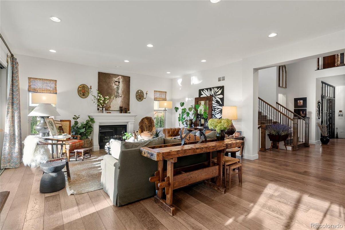 Fireplace, Interior, Living room, Recessed Lighting, Wood Texture Flooring